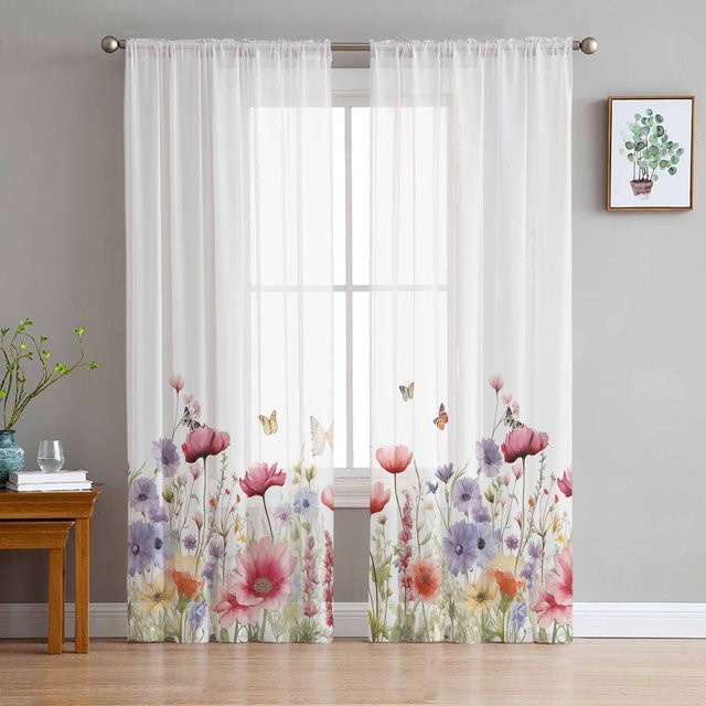 Super Six Chiffon Vorhang mit Aquarell Blumen Pflanzen und Schmetterlingen in Weiß, Breite: 135 cm, Höhe: 114 cm - Bild 1
