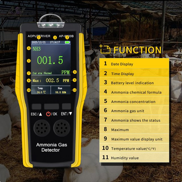 HoldPeak HP-9000B Ammoniak-Gasdetektor für kontinuierliche quantitative Analyse, tragbarer Sensor 0-100ppm, gelb, mit LCD-Bildschirm und Dual-Alarm, wiederaufladbar - Bild 1