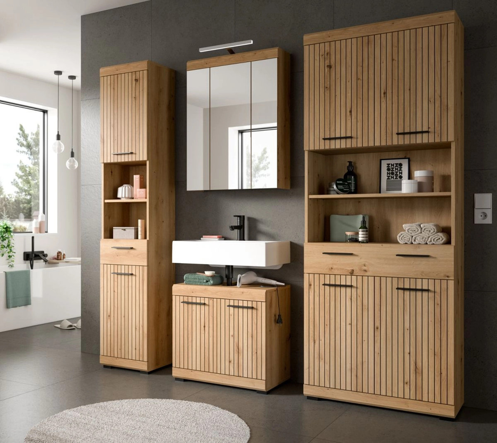 3-teiliges Badmöbel Set Shawn von Inn.Furn in Eiche Matt, bestehend aus Waschtischunterschrank, Spiegelschrank mit LED-Beleuchtung und Hochschrank - Bild 4