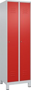 C+P Spind Classic PLUS Garderobenschrank mit 2 Abteilen, Füße, Zylinderschloss, 4 Garderobenhaken und mittiger Trennwand, Farbe: Grau/Rot, H x B x T: 195 x 60 x 50 cm - Bild 1