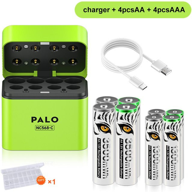 PALO Lithium-Ionen-Akku Set mit 8-Schacht Schnellladegerät: 4 AA 3500mWh und 4 AAA 1300mWh Akkus mit USB-C Ladestation in Weiß und Grün - Bild 1