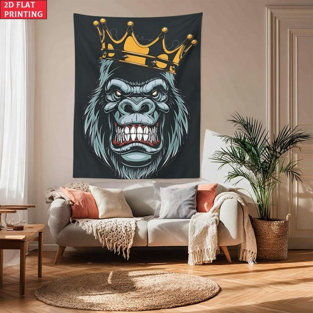 König Gorilla Krone Wandteppich von JMG Household Supplies, Wildtier Wandkunst im Hip Hop Street Style, Farbe: Schwarz, Breite: 70 cm, Höhe: 100 cm - Bild 1