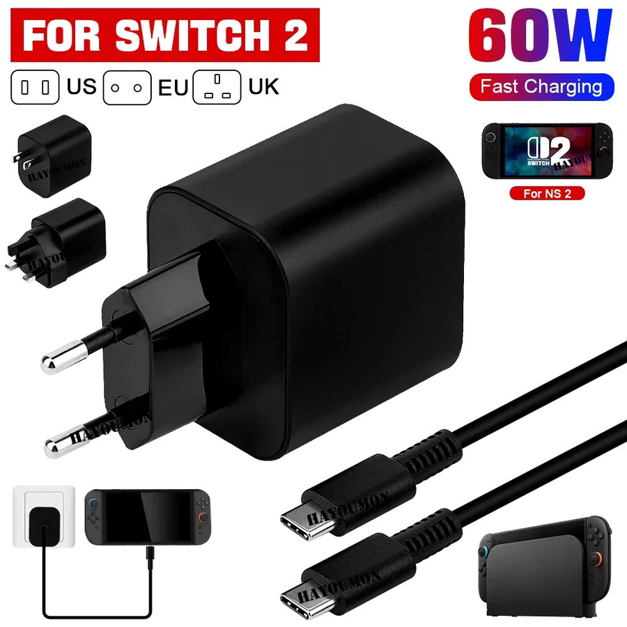 Hayoumon 60W USB-C Netzteil für Nintendo Switch, AC-Adapter mit 1,5m USB-C Ladekabel, Schwarz - Bild 2