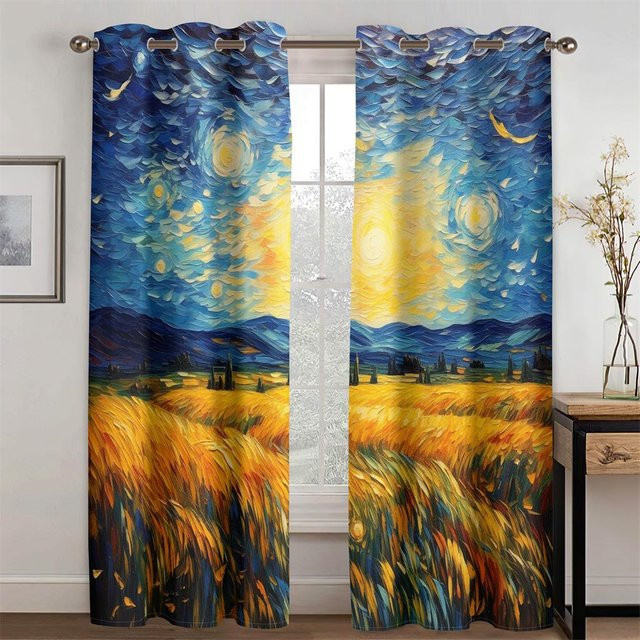 Van Goghs Traumland Pastorale Ölgemälde Vorhänge, 2er-Set, halbtransparent, mehrfarbig, Breite: 50 cm, Höhe: 160 cm - Bild 1