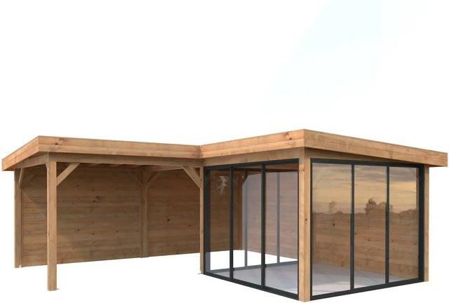 Palmako Pavillon Lenna Set 412 Slide aus Fichtenholz in Braun mit Alu-Schiebetüren und Flachdach, B/T/H: 588 x 588 x 245 cm - Bild 1