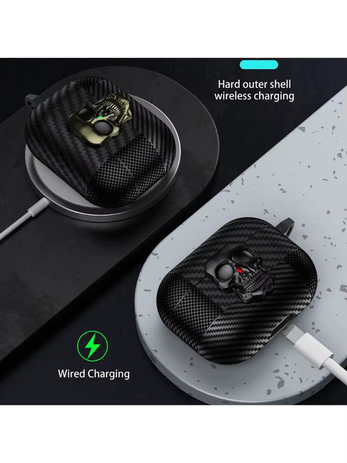 Kopfhörerhülle mit Totenkopf-Design und Kohlefaser-Textur für Apple AirPods Pro 2 3 4, inklusive Karabiner und drehbarem Schloss, Schwarz - Bild 5