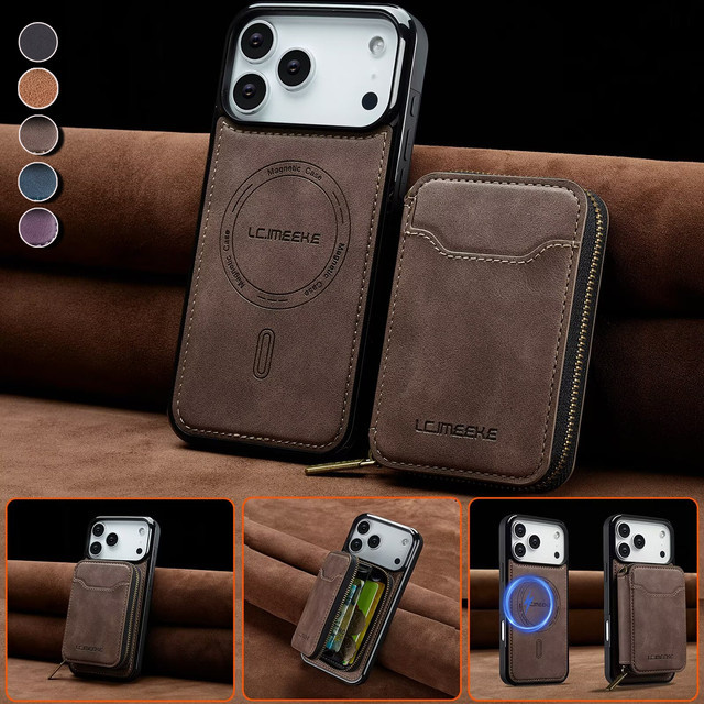 Magnetische Leder-Brieftasche für iPhone 11 bis iPhone 17 Pro Max von aierkeba in Blau und Braun - Bild 1
