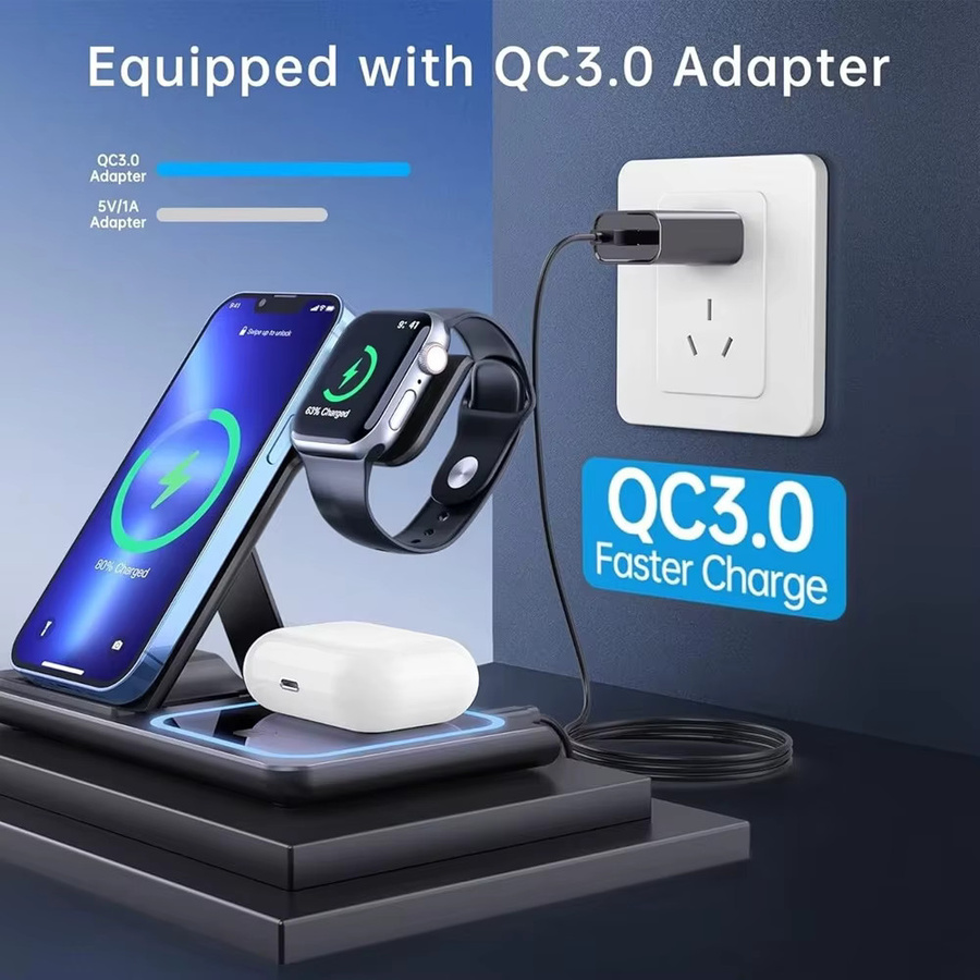KEPHE 3-in-1 Faltbare Kabellose Ladestation 15W LED Schnelles Ladegerät für iPhone, Apple Watch und AirPods Pro in Weiß - Bild 3