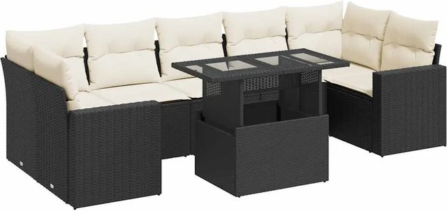 vidaXL 8-tlg. Garten-Sofagarnitur in L-Form aus Poly-Rattan und pulverbeschichtetem Stahl mit Kissen in Schwarz-Creme - Bild 1
