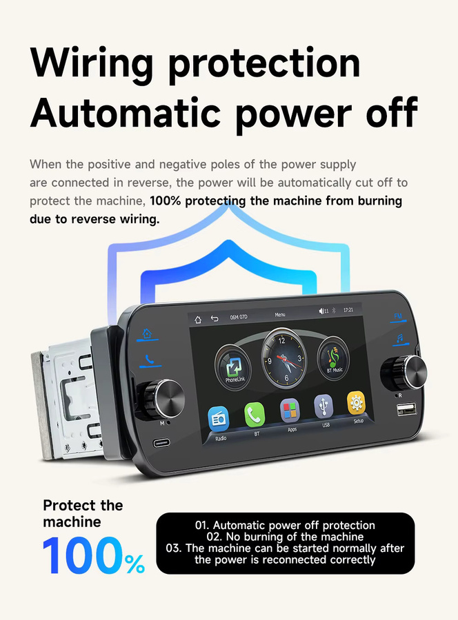 BQCC 1DIN 5 Zoll Universal Auto Multimedia Stereo Radio mit Wireless CarPlay und Android Auto, Schwarz mit 7 Farben LED-Beleuchtung - Bild 3