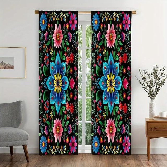 2er-Set halbverdunkelnde Vorhänge mit Blumenmuster in Mehrfarbig, Haushalt Supplies MH, Breite: 50 cm, Höhe: 130 cm - Bild 1