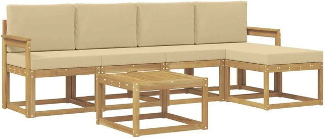 vidaXL 6-tlg. Outdoor-Sofagarnitur in L-Form aus Akazienholz mit Kissen und Couchtisch, Weiß und Beige - Bild 1