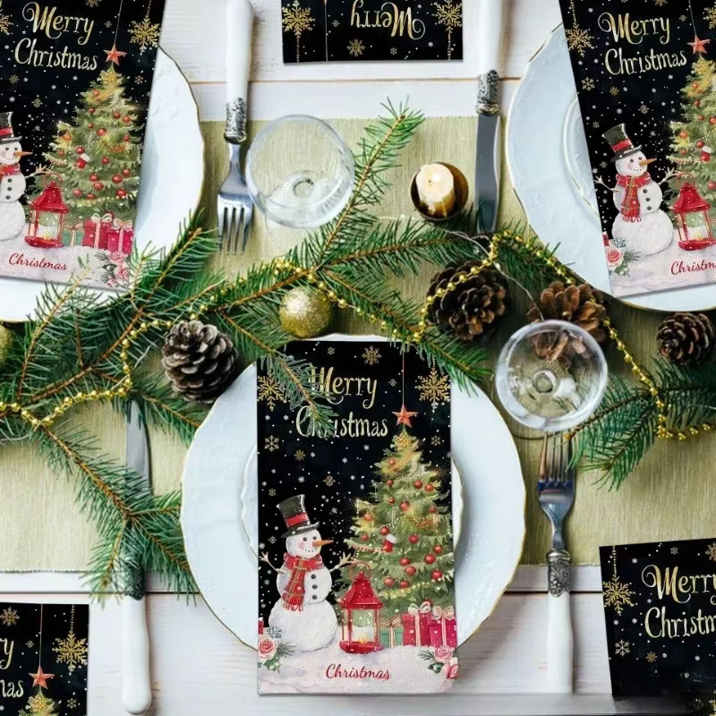 GUANYAO Weihnachten Schneemann Servietten Set, 20 Stück, Schwarz Gold, B: 34,2 cm, L: 40,6 cm - Bild 3