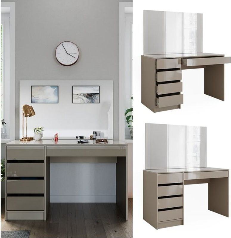 Vicco Schminktisch Sherry in Beige Hochglanz mit Spiegel und 5 Schubladen, B: 120 cm, T: 55 cm, H: 75 cm - Bild 2