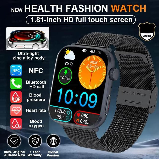 NFC Smartwatch für Herren mit Blutdruckmessung, Herzfrequenzüberwachung und Bluetooth-Anruffunktion, KI-Diagnose, 1,85 Zoll Display, Schwarz Mesh, kompatibel mit iOS und Android - Bild 1