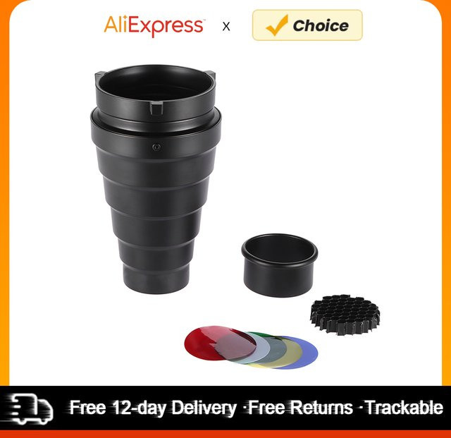 Andoer Konischer Metall-Snoot mit Wabengitter und 5-teiligem Farbfilter-Set für Bowens Mount Studio-Blitze, Schwarz - Bild 1
