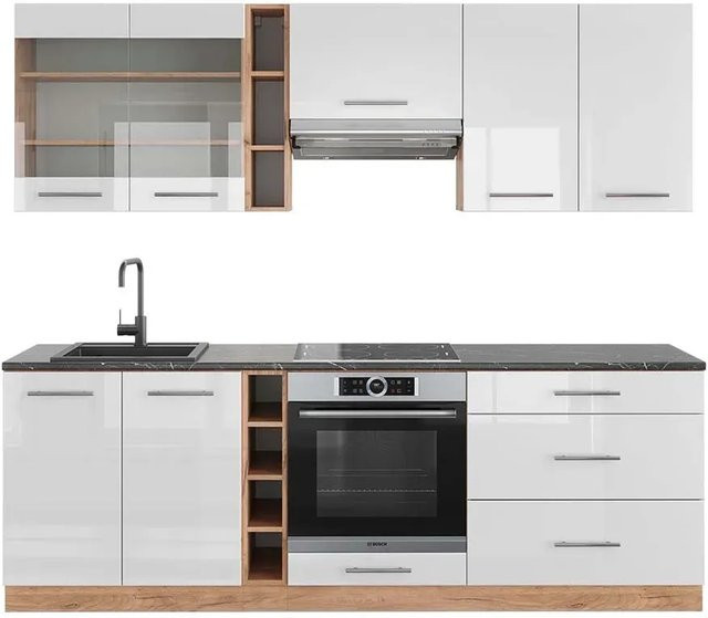 Vicco Fame-Line Küchenzeile in Weiß Hochglanz und Goldkraft Eiche mit Anthrazit, Breite: 235 cm - Bild 1