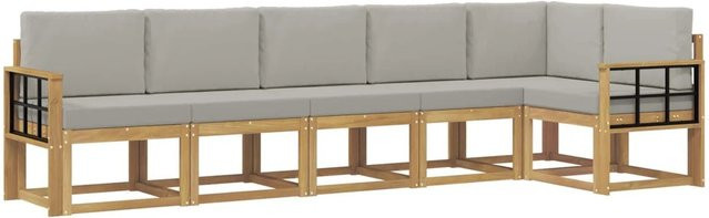 vidaXL Outdoor-Sofagarnitur in L-Form aus Akazienholz mit Kissen, 6-teilig, Weiß-Hellgrau - Bild 1