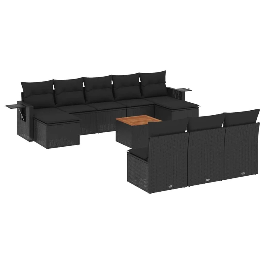 vidaXL 11-tlg Garten-Sofagarnitur in U-Form aus Poly-Rattan und Akazienholz mit Kissen in Schwarz - Bild 2