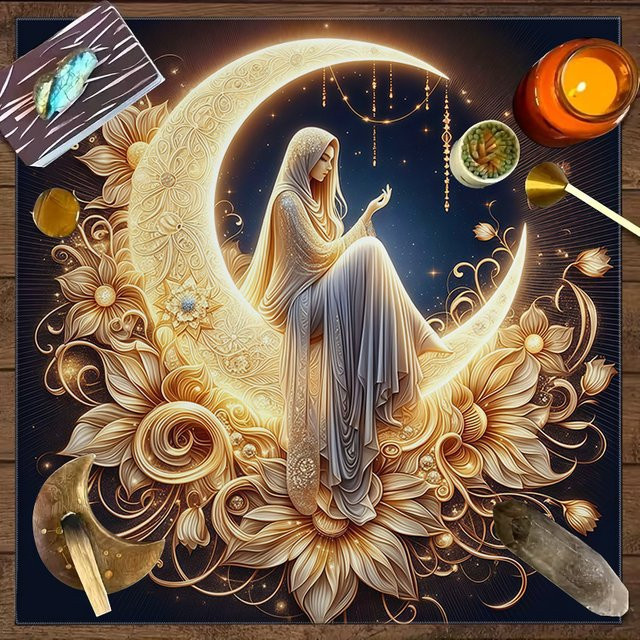 VIKAMA Tarot-Kartentischdecke Göttin des Mondes mit Blumenmuster in Gold, Boho Altartuch aus Leinen für spirituelle Zeremonien und Wahrsagerei - Bild 1