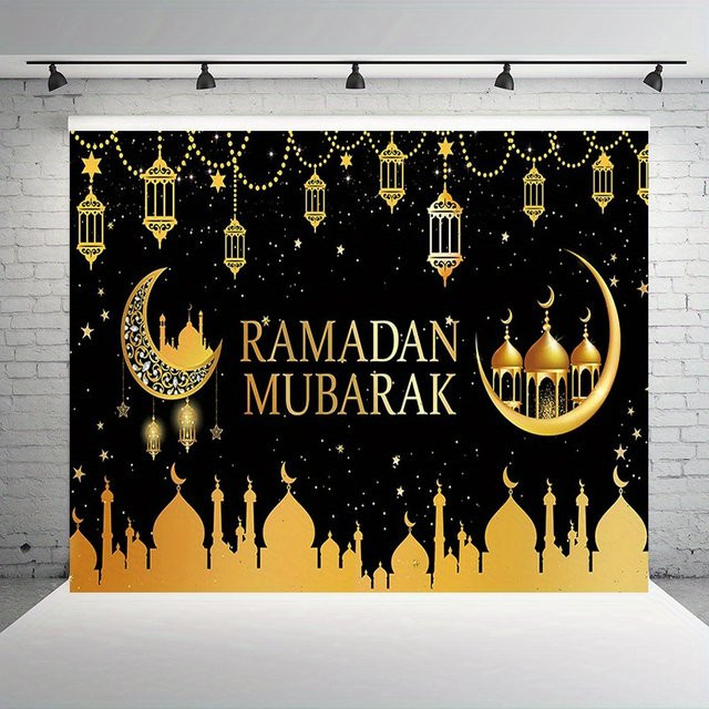 VIKAMA Ramadan Wandteppich in Schwarz-Gold mit Sternen und Mond als orientalische Dekoration für dein Wohnzimmer oder Sofa - Bild 1