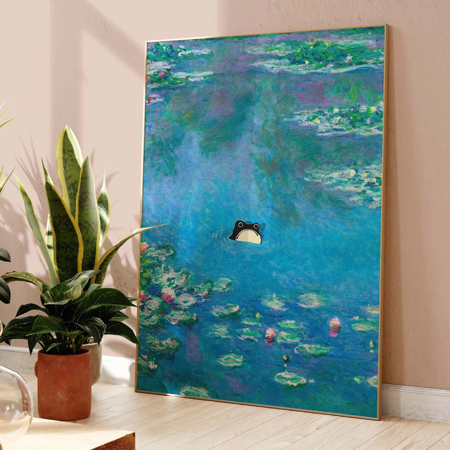 Lustiges Frosch-Poster im impressionistischen Stil mit Claude Monet Wasserlilien Motiv, mehrfarbiger Kunstdruck auf Papier - Bild 2