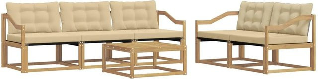 vidaXL Outdoor-Sofagarnitur aus Akazienholz mit Textilene-Polstern und Couchtisch, 6-teiliges Set, Weiß und Beige, B/T/H: 79 x 79 x 37 cm - Bild 1