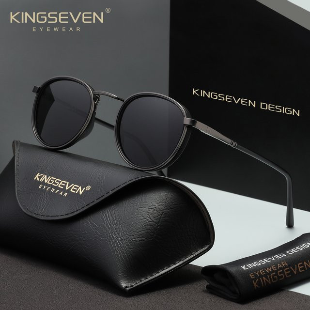 KINGSEVEN Sonnenbrille, Rund, Vollrand, Metall, Schwarz, Unisex, polarisiert - Bild 1