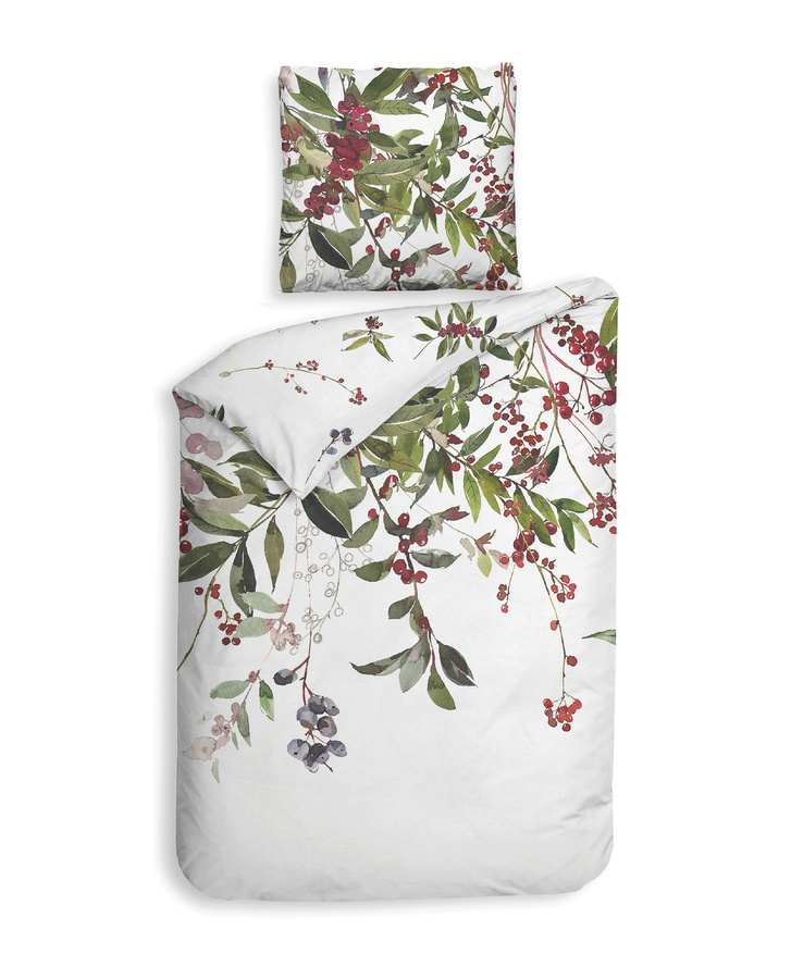 Heckett & Lane Mako-Satin Bettwäsche mit floralem Beeren- und Zweig-Design in Weiß, Grün und Rot, B/H: 135 x 200 cm und 80 x 80 cm - Bild 1