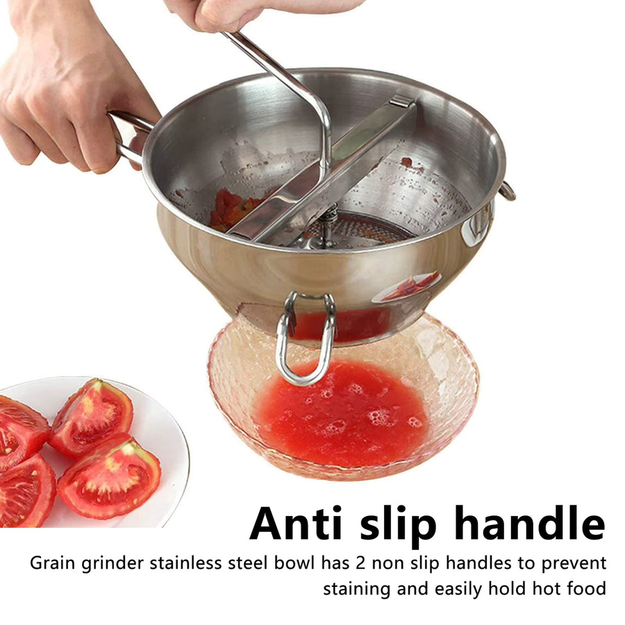 Manuelle Gemüsemühle aus Edelstahl in Silber mit 3 Siebscheiben für Kartoffeln und Obst - Bild 2