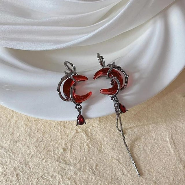 YULIN Hängeohrringe, Roter Mond Edelstein, Asymmetrisch, Unisex, Gray - Bild 1