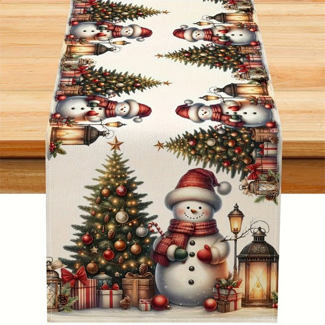 DOKRIY Snowman Snowflake Tischläufer in Magenta mit Schneemännern und Kiefernmotiven - Bild 1