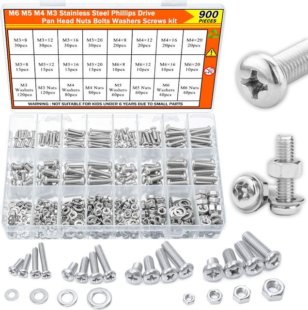 BOVILEVR 900-teiliges Edelstahl-Schrauben- und Muttern-Set mit Unterlegscheiben, metrisches Set M3 M4 M5 M6 mit Phillips-Flachkopf-Maschinenbefestigungen - Bild 1