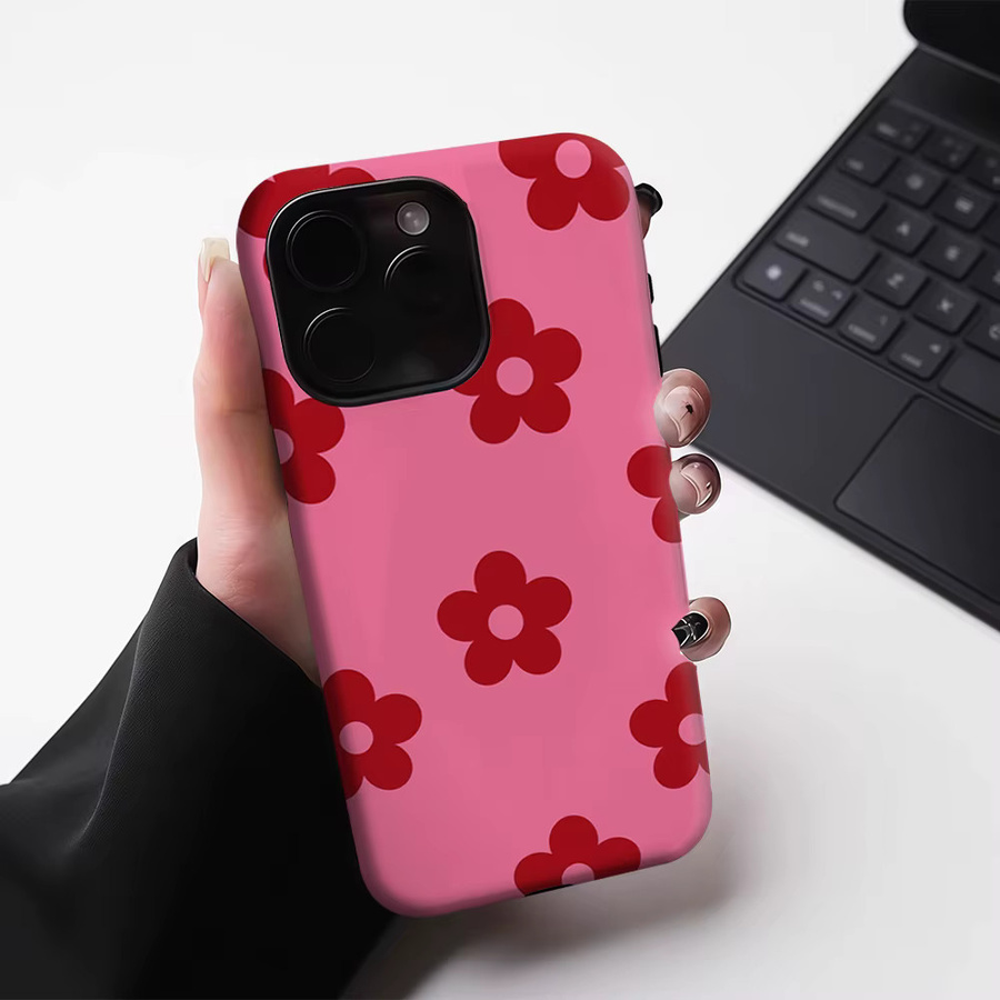 Robuste Blumen-Handyhülle für Apple iPhone 17 16 15 14 13 Pro Max Plus mit Magnetfunktion in Burgunderrot und Pink - Bild 4