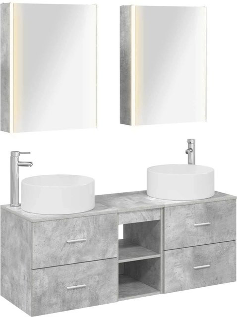 vidaXL Badezimmermöbel-Set in Grau mit Waschtischunterschrank und Spiegelschrank aus Holz und Glas mit LED-Beleuchtung - Bild 1