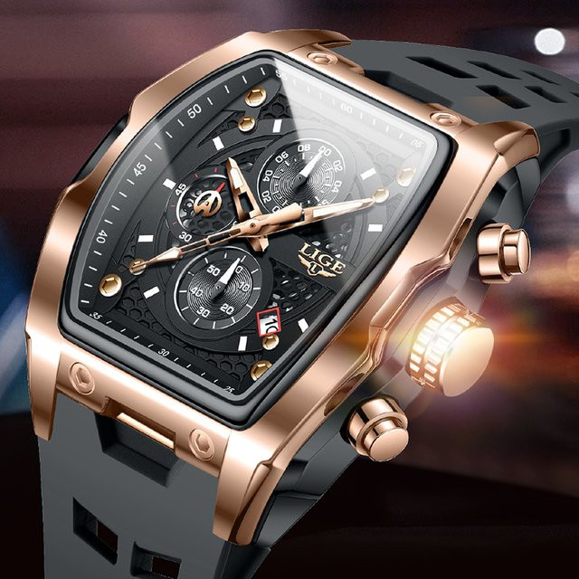 LIGE Chronograph, Quarz, Silikon, Schwarz, Roségold, Herren - Bild 1