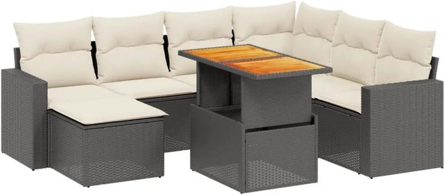 vidaXL 8-teilige Garten-Sofagarnitur aus Poly-Rattan und Akazienholz in Schwarz-Creme mit Kissen - Bild 1