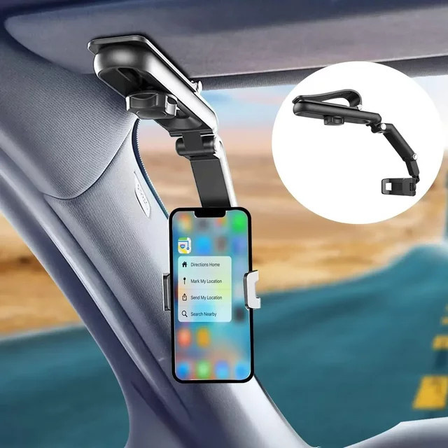 Multifunktionaler 360-Grad drehbarer Sonnenblende-Telefonhalter für das Auto in Schwarz, kompatibel mit iPhone, Samsung und Android - Bild 1