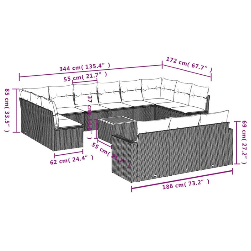 vidaXL 14-tlg. Garten-Sofagarnitur in L-Form aus Poly-Rattan und Akazienholz mit Kissen, Schwarz - Bild 2