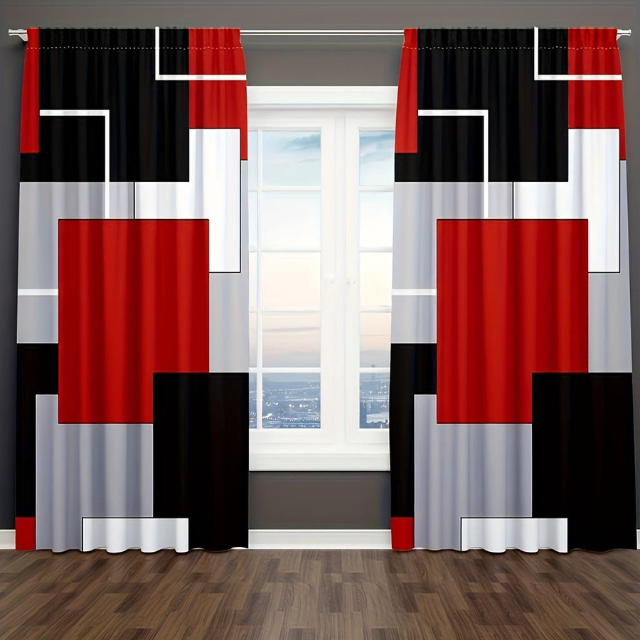 2er-Set halbtransparente Vorhänge mit Karomuster von Household supplies MH in Rot, Weiß, Grau und Schwarz, B: 150 cm, H: 166 cm - Bild 3