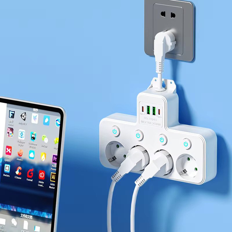 Szaoju 5-fach EU-Steckdosenleiste mit Verlängerungskabel, 2 USB-A und 2 USB-C Anschlüssen, Überspannungsschutz und Einzelschaltern, Weiß - Bild 3