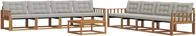 vidaXL Outdoor-Sofagarnitur 9-tlg. aus Akazienholz mit Textilene und Kissen, Farbe: Natur und Grau - Bild 1