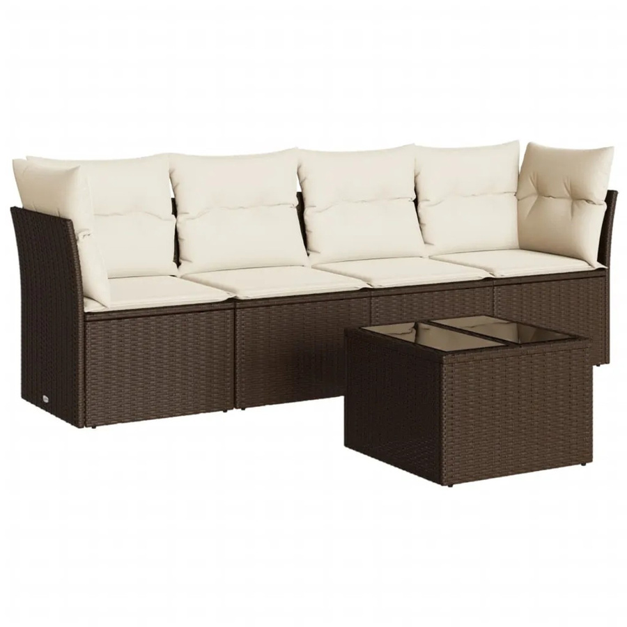 vidaXL 5-teilige Garten-Sofagarnitur in L-Form aus braunem Poly-Rattan mit Tisch und Kissen in Creme-Braun - Bild 2