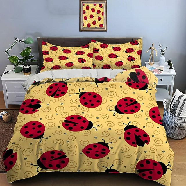 Flylo 3-teiliges Bettwäsche-Set für Kinder mit Marienkäfer-Muster, Digitaldruck, atmungsaktiv, Mehrfarbig/Gelb, B/H: 180 x 210 cm - Bild 1