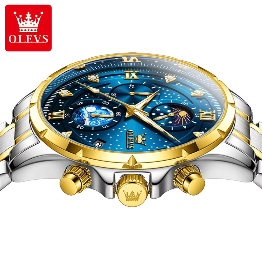 OLEVS Chronograph, Edelstahl, Bicolor, Blau, Herren - Bild 2