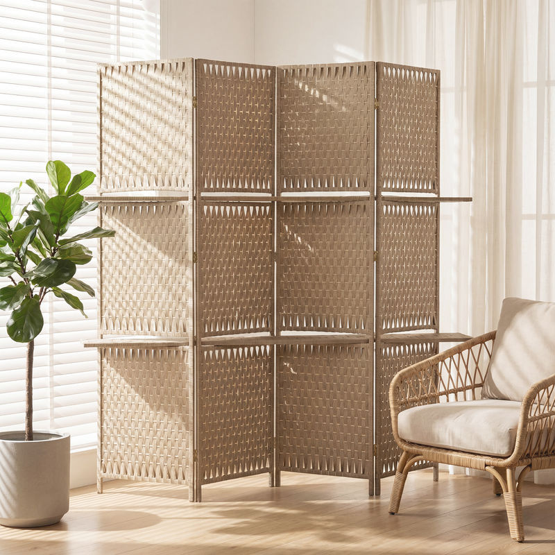 Aosom HOMCOM Raumteiler mit 4 Paneelen aus Kiefernholz und Bambus mit geflochtenen Papierfasern in Naturstroh-Optik, Farbe: Beige/Braun, B: 181 cm, H: 180 cm - Bild 2