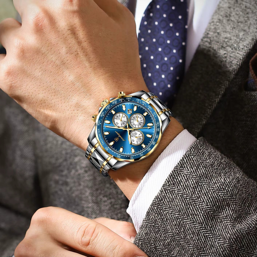 POEDAGAR Armbanduhr Chronograph, Quarz, Edelstahl, Blau, Herren - Bild 6