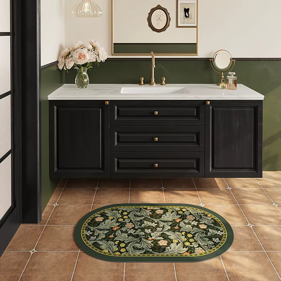 VIKAMA Badematte aus Kieselgur-Erde in Grün, ovale rutschfeste Bodenmatte, schnell trocknend und wasserabsorbierend, Design Nature Floral, Breite: 60,0 cm, Tiefe: 40,0 cm - Bild 4
