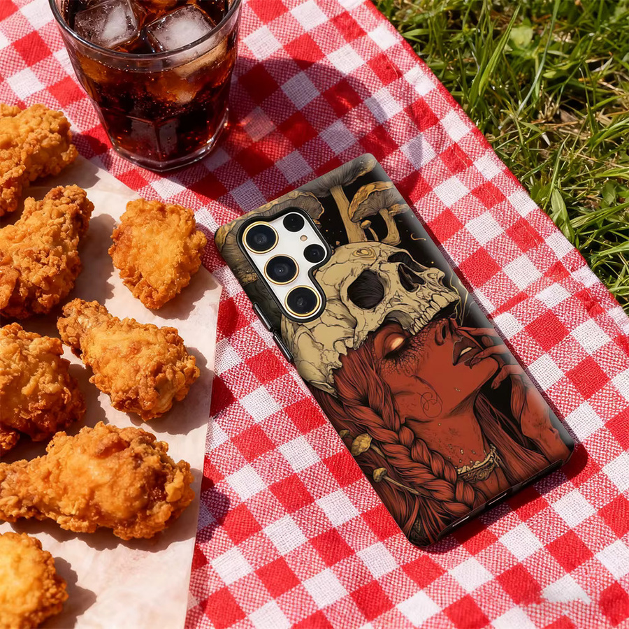 Potdemiel Halloween Handyhülle mit Totenkopf- und Pilzmotiv für Samsung Galaxy S25 Ultra, S24 und S23 Ultra Plus, glänzende doppellagige Rückseite, Multicolor - Bild 5