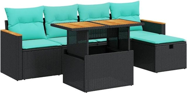 vidaXL 6-teilige Garten-Sofagarnitur aus Poly-Rattan mit Kissen in Schwarz und Blau/Türkis - Bild 1